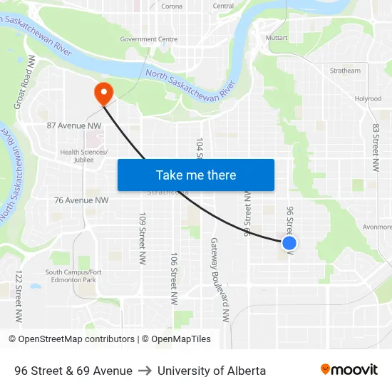 96 Street & 69 Avenue to University of Alberta map