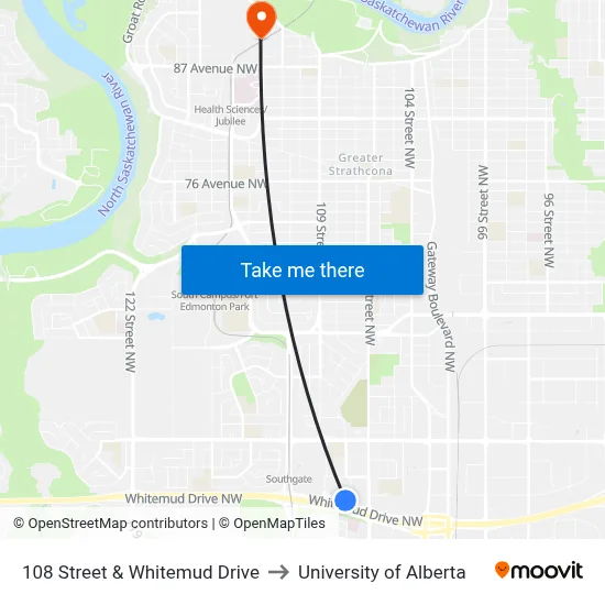 108 Street & Whitemud Drive to University of Alberta map