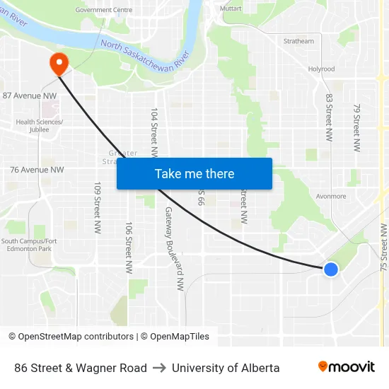 86 Street & Wagner Road to University of Alberta map