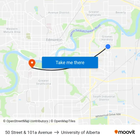 50 Street & 101a Avenue to University of Alberta map