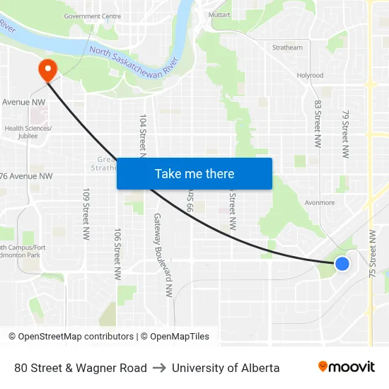 80 Street & Wagner Road to University of Alberta map