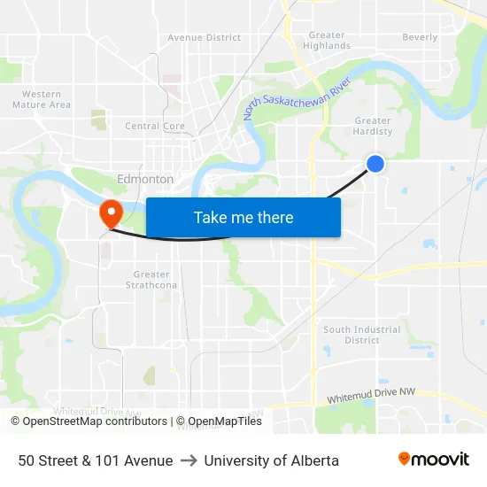 50 Street & 101 Avenue to University of Alberta map