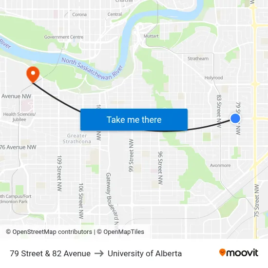 79 Street & 82 Avenue to University of Alberta map