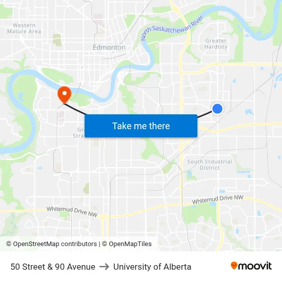 50 Street & 90 Avenue to University of Alberta map