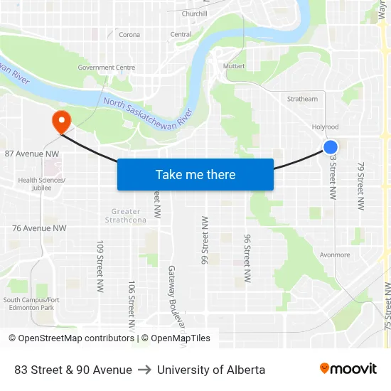 83 Street & 90 Avenue to University of Alberta map