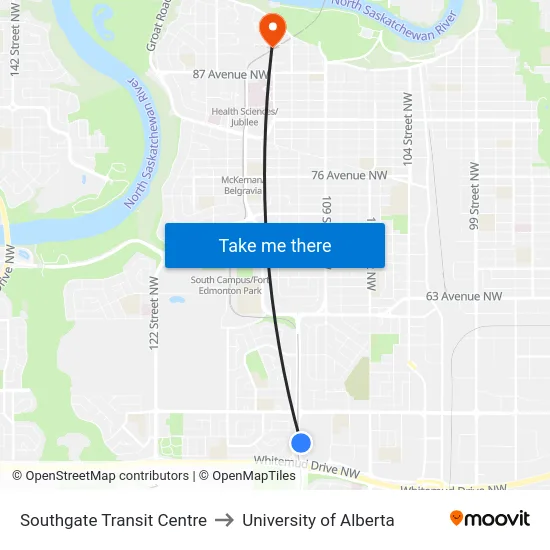 Southgate Transit Centre to University of Alberta map