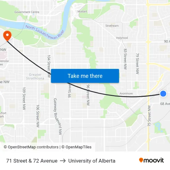 71 Street & 72 Avenue to University of Alberta map