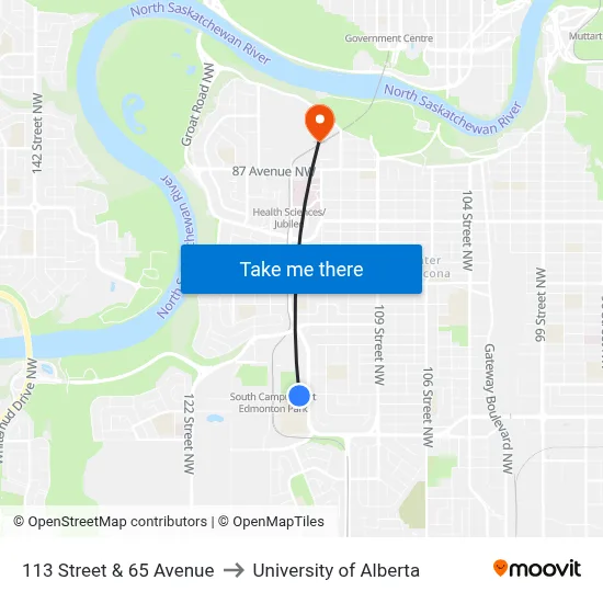 113 Street & 65 Avenue to University of Alberta map