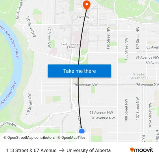 113 Street & 67 Avenue to University of Alberta map