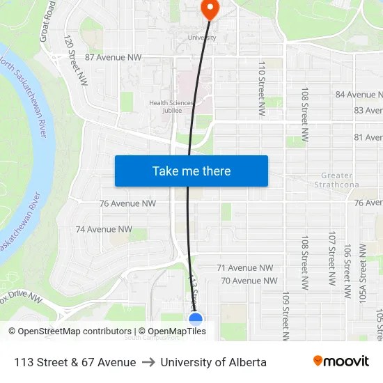 113 Street & 67 Avenue to University of Alberta map