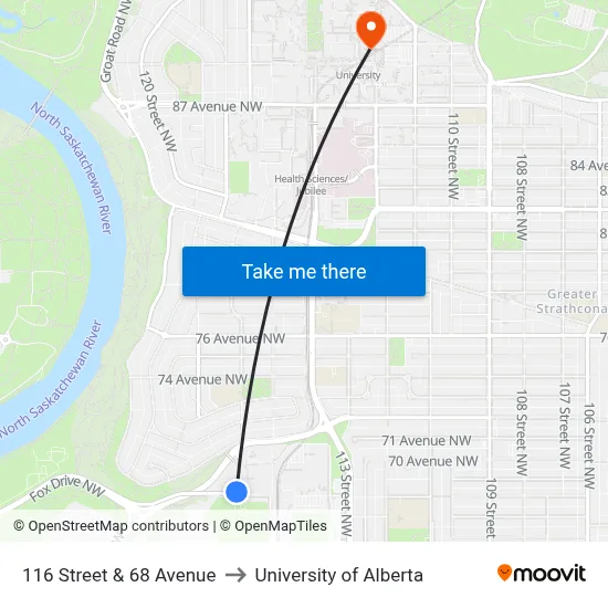 116 Street & 68 Avenue to University of Alberta map