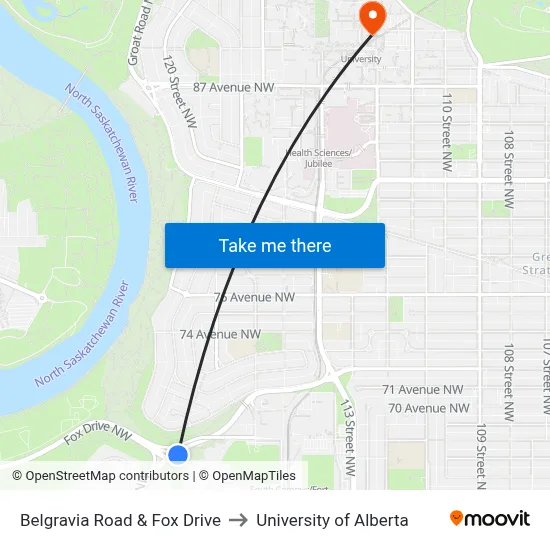 Belgravia Road & Fox Drive to University of Alberta map