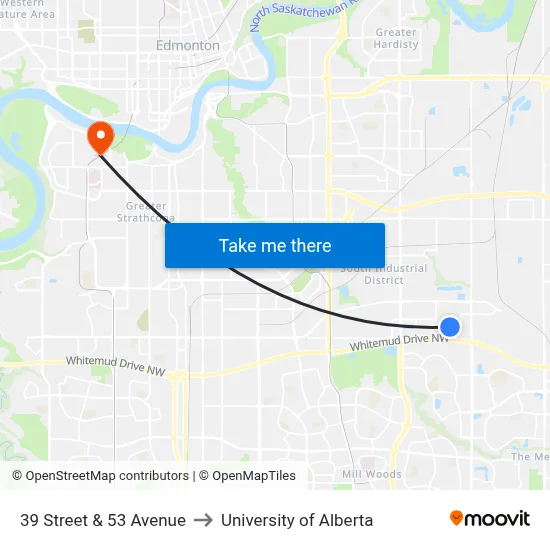 39 Street & 53 Avenue to University of Alberta map