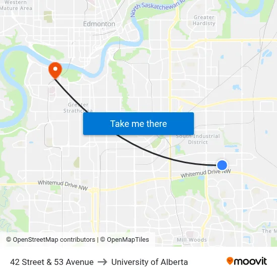 42 Street & 53 Avenue to University of Alberta map