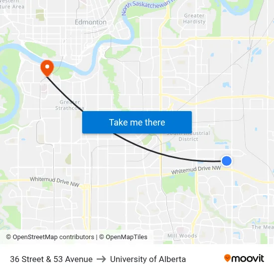 36 Street & 53 Avenue to University of Alberta map