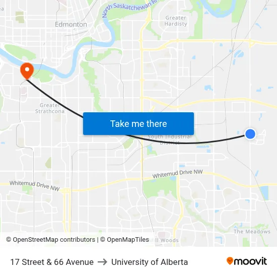 17 Street & 66 Avenue to University of Alberta map