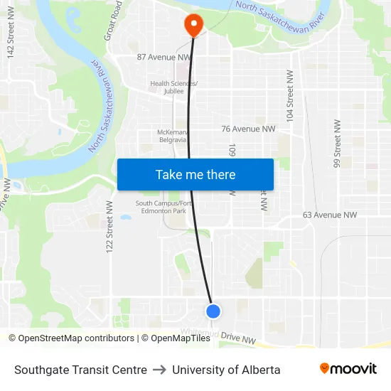 Southgate Transit Centre to University of Alberta map