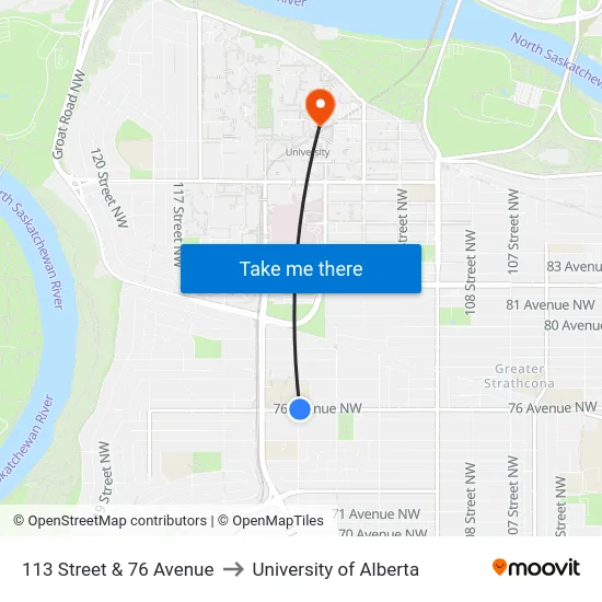 113 Street & 76 Avenue to University of Alberta map