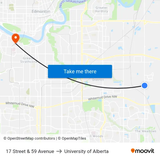17 Street & 59 Avenue to University of Alberta map