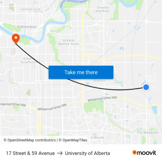 17 Street & 59 Avenue to University of Alberta map