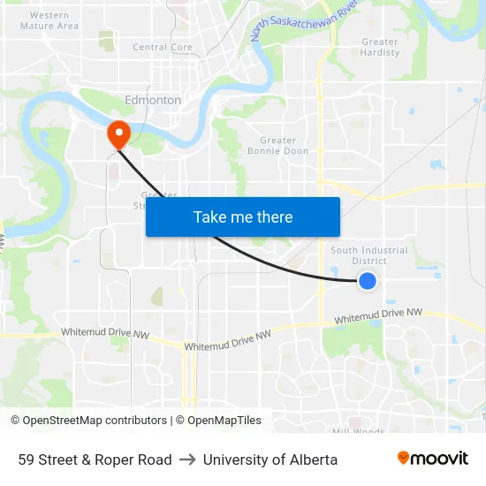 59 Street & Roper Road to University of Alberta map