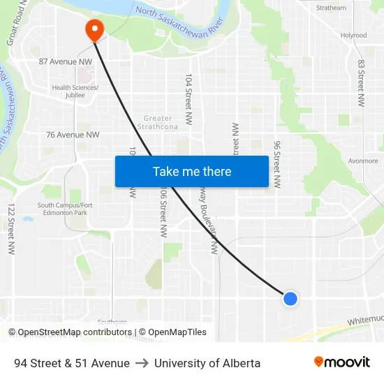 94 Street & 51 Avenue to University of Alberta map