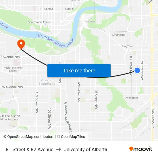 81 Street & 82 Avenue to University of Alberta map