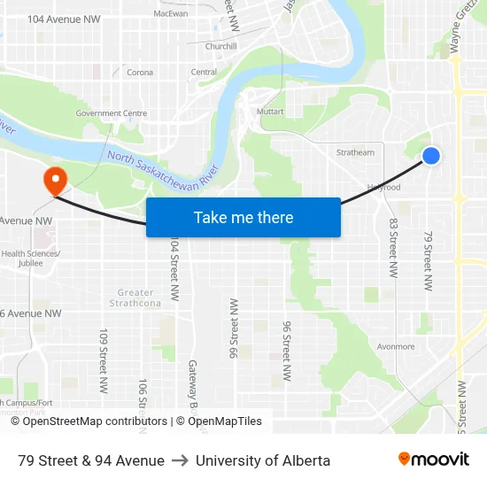 79 Street & 94 Avenue to University of Alberta map