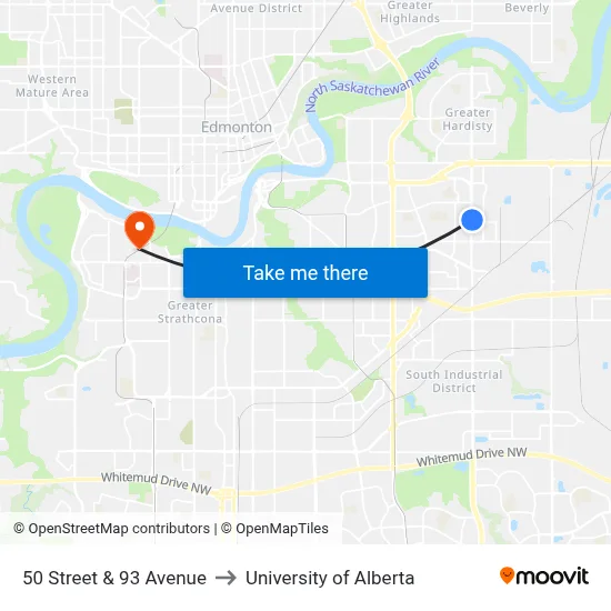 50 Street & 93 Avenue to University of Alberta map