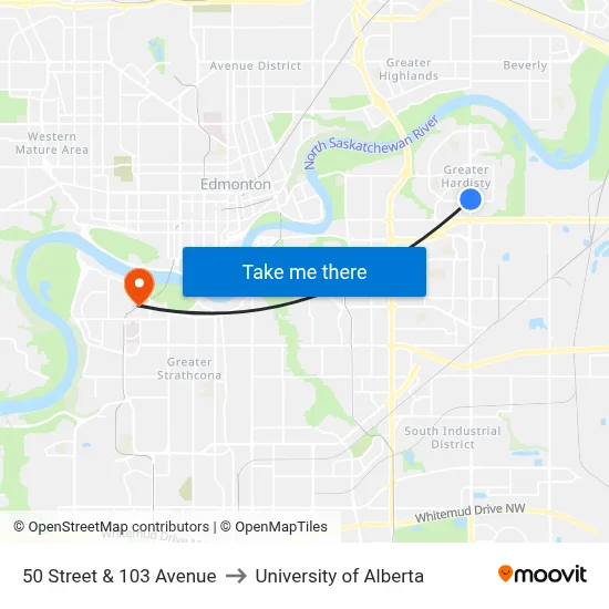 50 Street & 103 Avenue to University of Alberta map