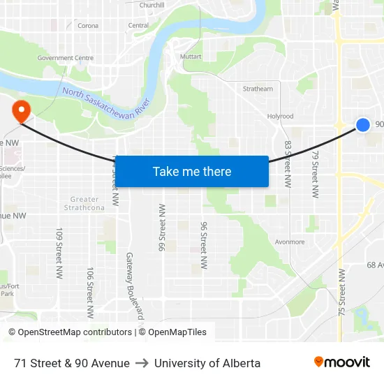71 Street & 90 Avenue to University of Alberta map