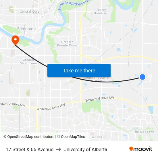 17 Street & 66 Avenue to University of Alberta map