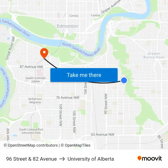 96 Street & 82 Avenue to University of Alberta map
