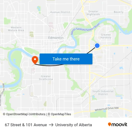 67 Street & 101 Avenue to University of Alberta map
