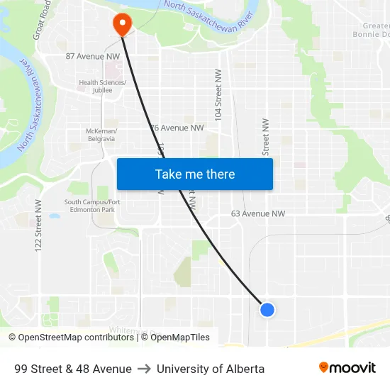 99 Street & 48 Avenue to University of Alberta map