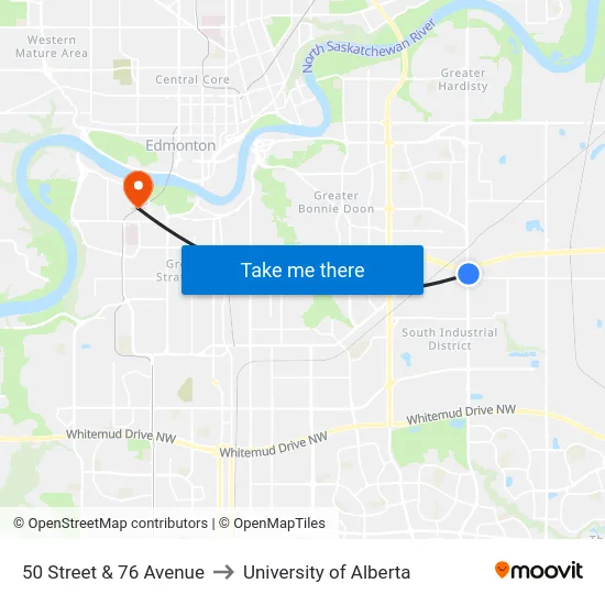 50 Street & 76 Avenue to University of Alberta map