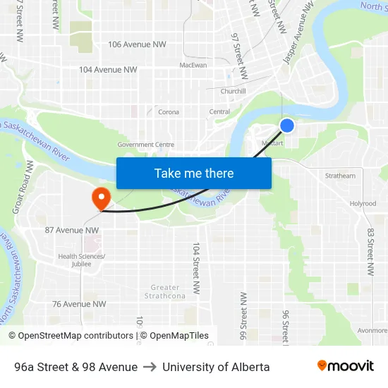 96a Street & 98 Avenue to University of Alberta map