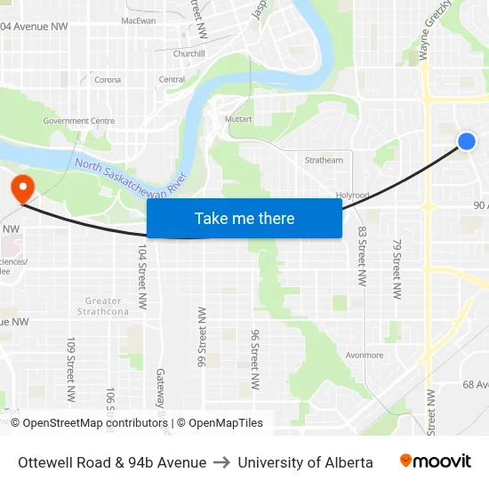 Ottewell Road & 94b Avenue to University of Alberta map
