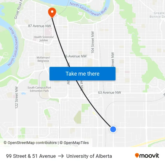 99 Street & 51 Avenue to University of Alberta map