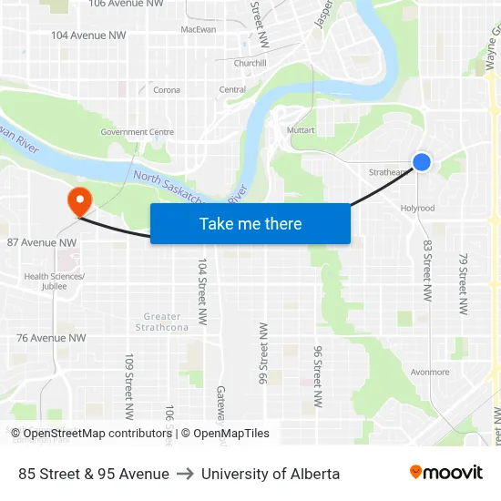 85 Street & 95 Avenue to University of Alberta map