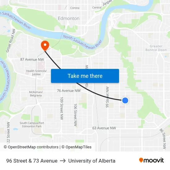 96 Street & 73 Avenue to University of Alberta map