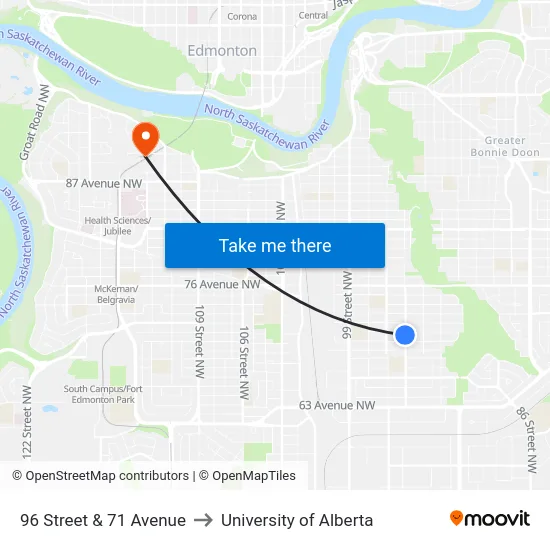 96 Street & 71 Avenue to University of Alberta map