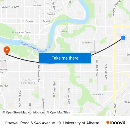 Ottewell Road & 94b Avenue to University of Alberta map