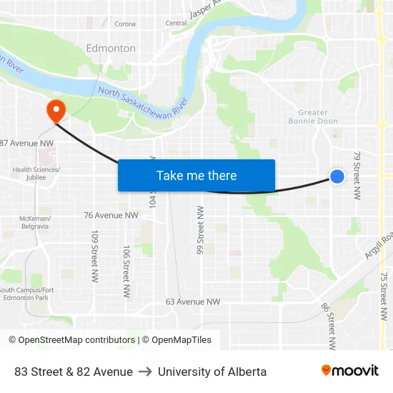 83 Street & 82 Avenue to University of Alberta map
