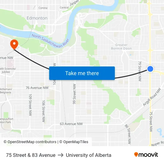 75 Street & 83 Avenue to University of Alberta map