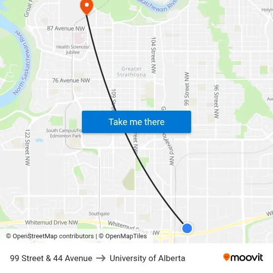 99 Street & 44 Avenue to University of Alberta map