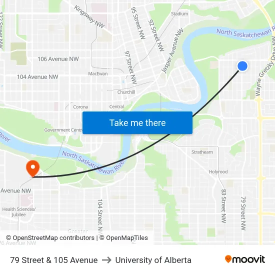 79 Street & 105 Avenue to University of Alberta map