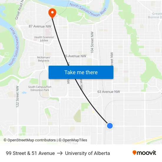 99 Street & 51 Avenue to University of Alberta map