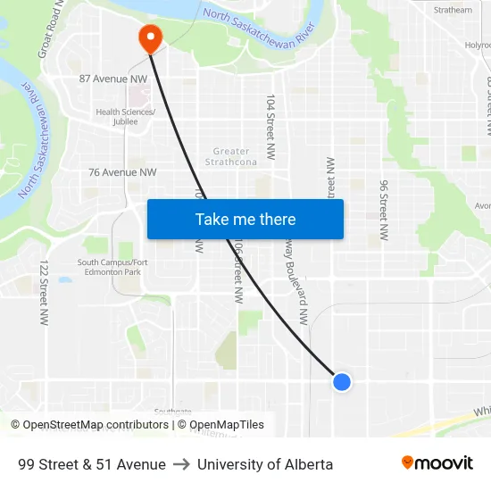 99 Street & 51 Avenue to University of Alberta map