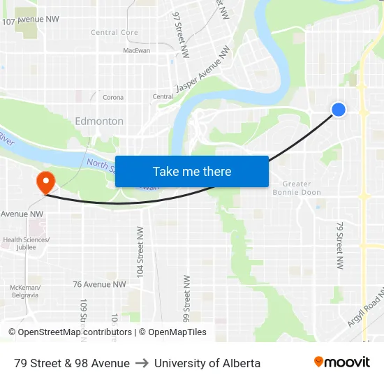 79 Street & 98 Avenue to University of Alberta map